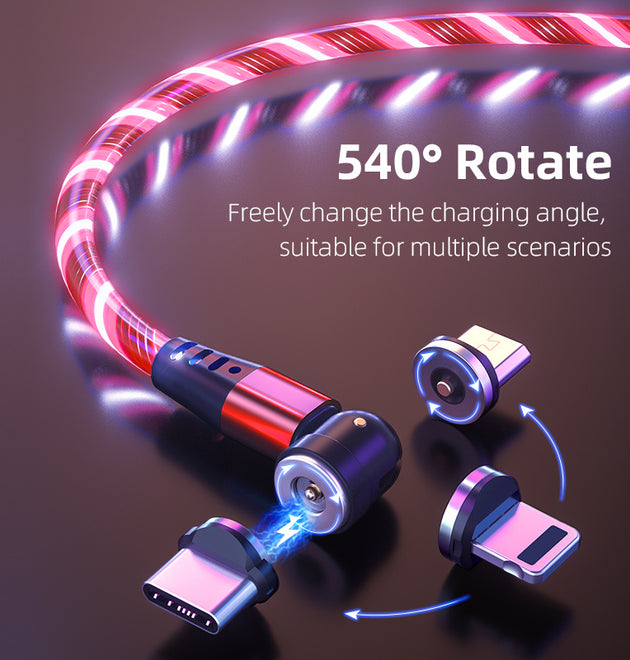 540 Rotate Luminous Magnetic Cable 3A Fast Charging Mobile Phone Charge Cable For LED Micro USB Type C For I Phone Cable